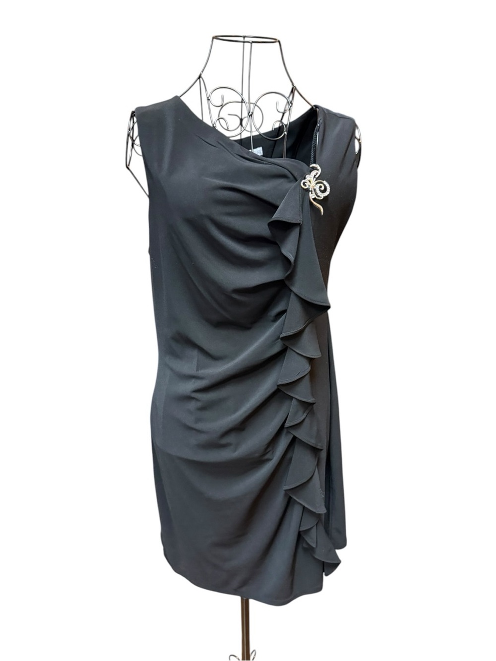 Fashion Bug Black Sleeveless Ruffle-Front Dress with Brooch size 8
